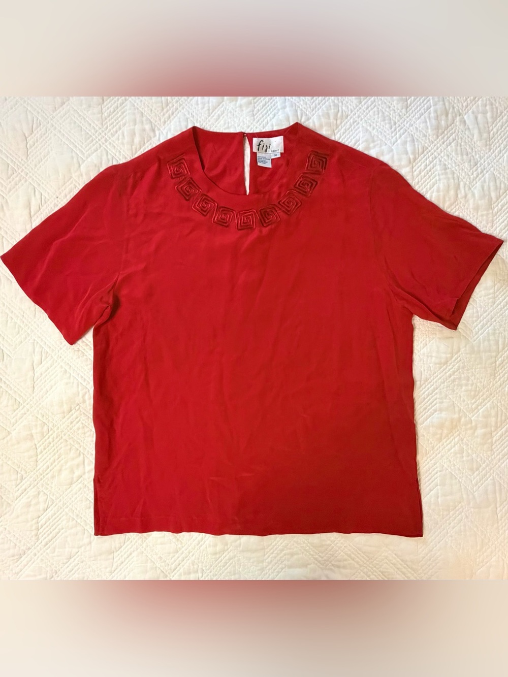 Vintage Fiji Sport Silk Greek Key Embroidered Neck Blouse Size Medium
